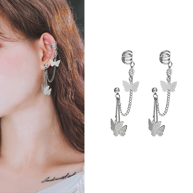 Personalized Integrated Earbone Clip Earrings, Asymmetrical Full-Drilled Butterfly Serpentine Earrings