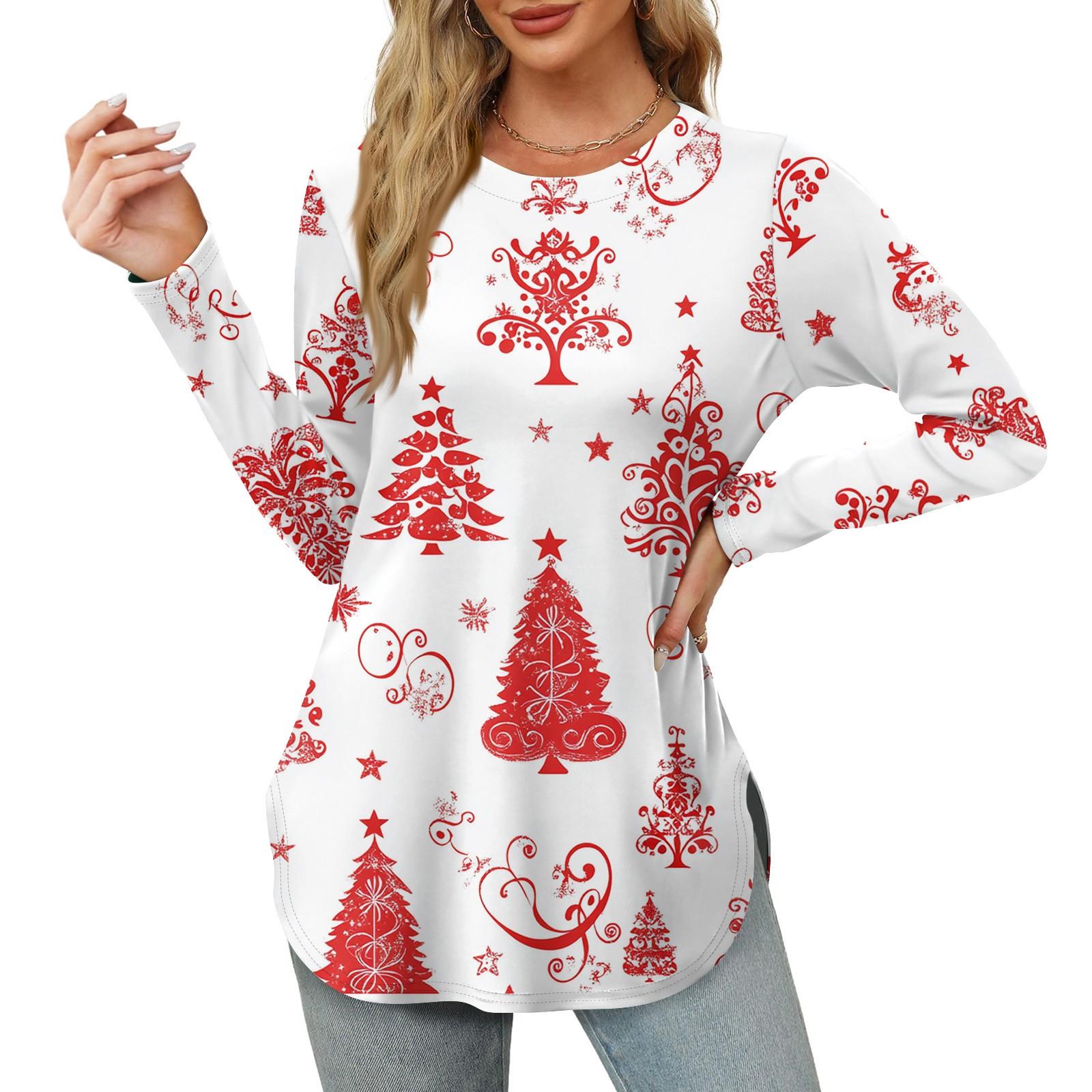 

Женские рубашки с длинным рукавом и круглым вырезом, боковые разрезы, базовые свободные туники, повседневные рубашки с рождественским принтом M белый