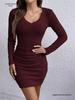 2026 European & American Slim-Fit Ribbed V-Neck Long-Sleeved Hip-Hugging Dress for Spring & Autumn