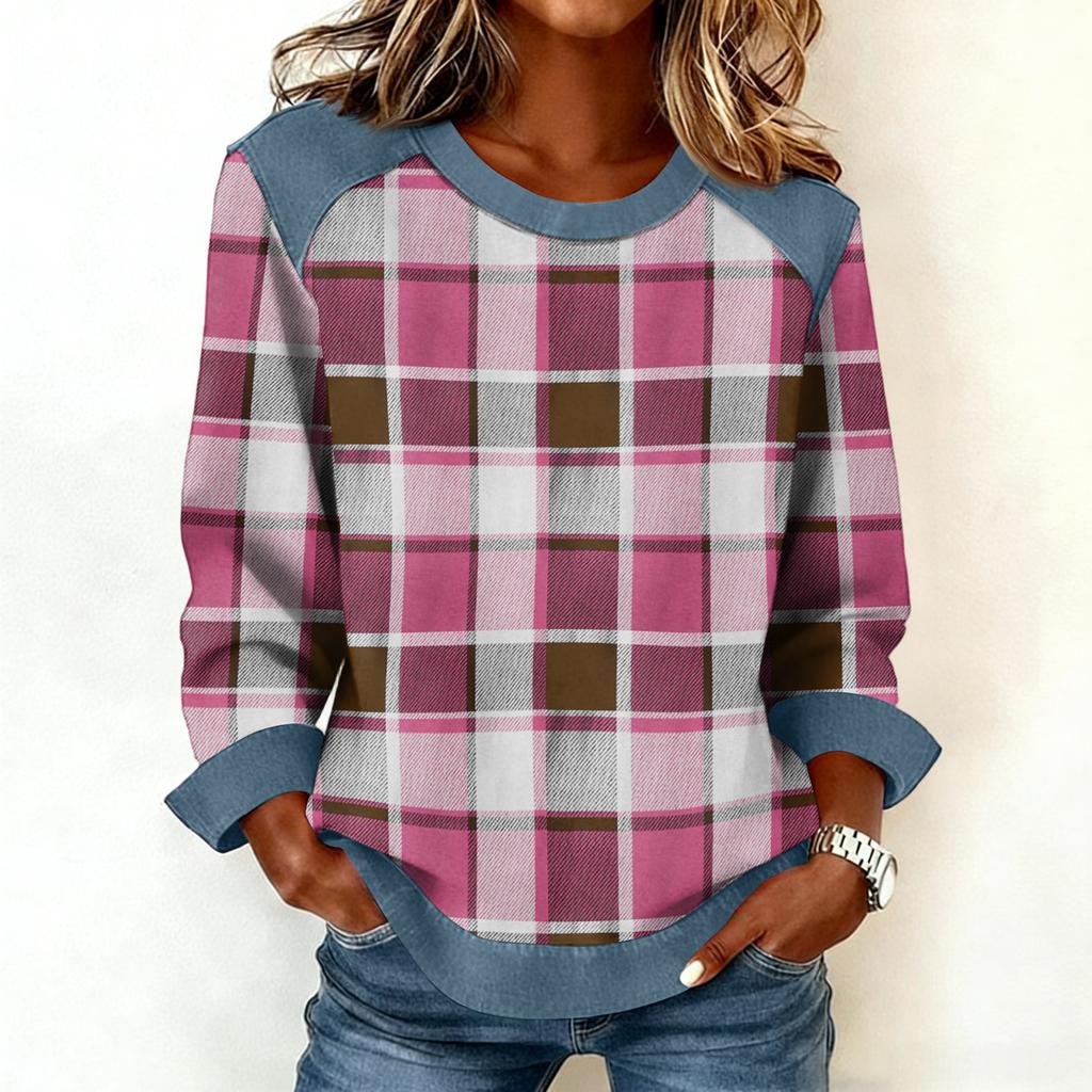 Damen Jeanskragen Patchwork Nähte Sweatshirt Lässig Pullover Langarmshirts