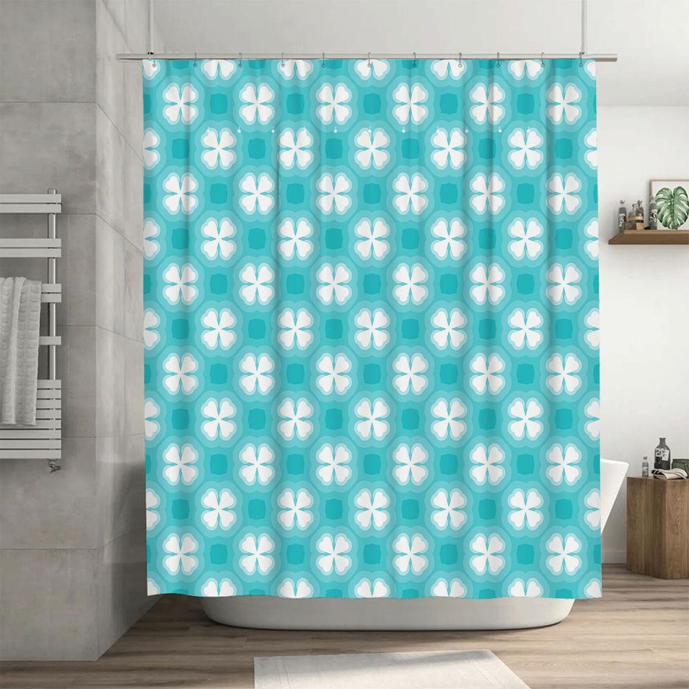 Blue And White Geometric Flower Shower Curtain Decor For Bathroom Modern Floral Design Waterproof Fabric Easy Install Hook Inclu