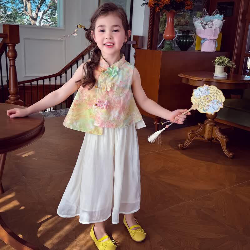 MIMIHELLO Mädchen Neues Chinesisches Stil Weste & Weite Hosen Set