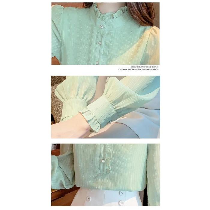 French Lace Stand Collar Chiffon Blouse with Elegant Splicing and Long Sleeves