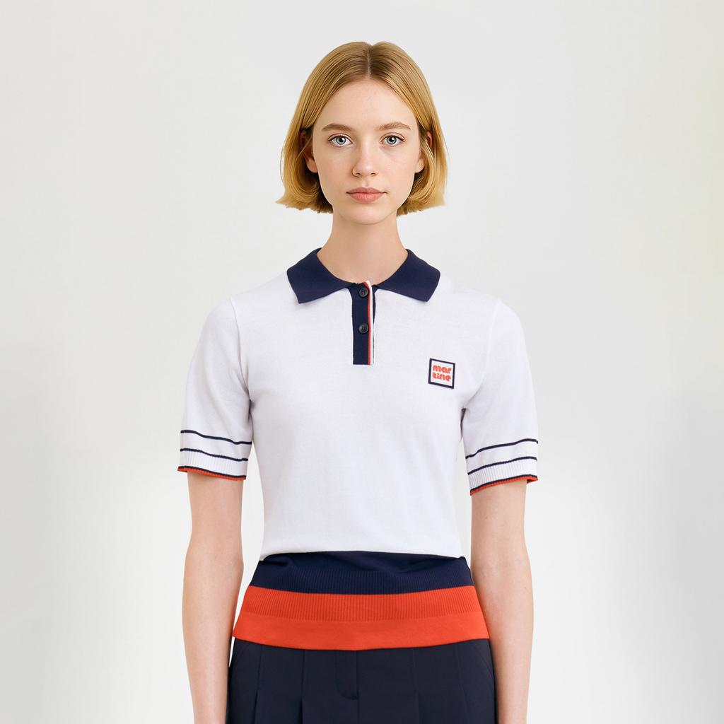 MARTINE GOLF Color Combi Collar Sweater_White