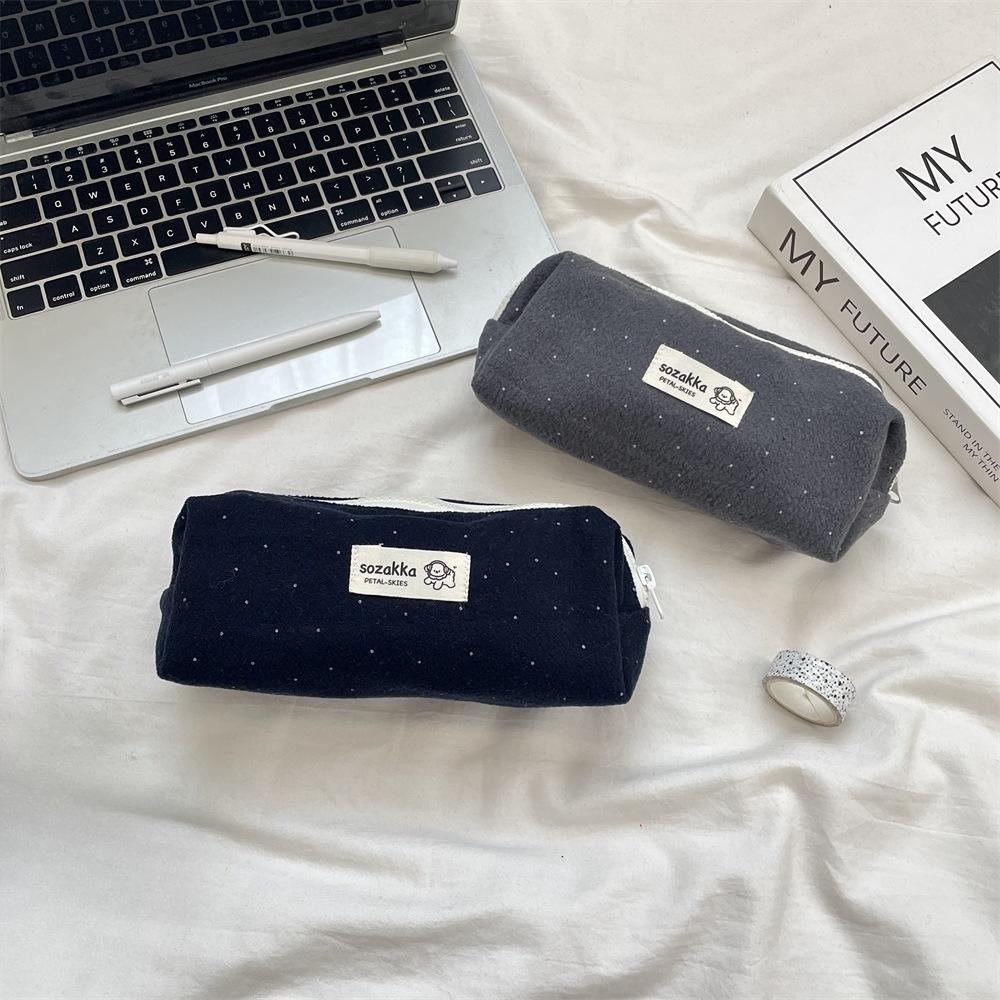 Woolen Korean-style Polka Dot Pen Case  Ins Stationery  Large Capacity  High Appearance Level Small Student Miscellaneous Storage Bag
