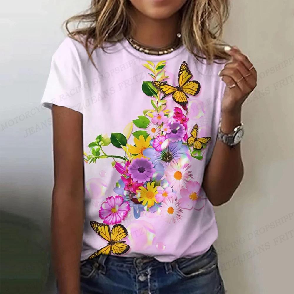 Summer Round Neck 3D Butterfly Flower Pattern Printed Top Fashionable Casual Short Sleeved Women's T-shirts