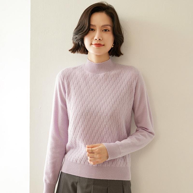 Cashmere Sweater for Women In Autumn and Winter Updated Style for Back-neck Half High Neck Relaxed Fit Long Sleeve Jacquard Base Sweater