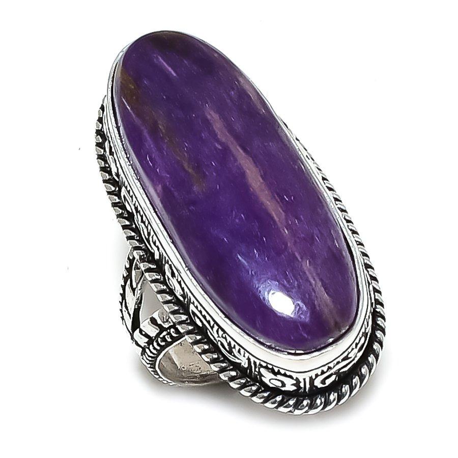 Natural Russian Charoite Gemstone Handmade 925 Sterling Silver Ring Size 9 J1s60