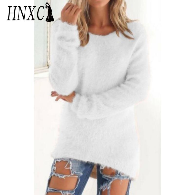 HNXC Women's Fashion Casual Solid Color Print Autumn Winter Long Sleeve O-Neck Loose Sweaters