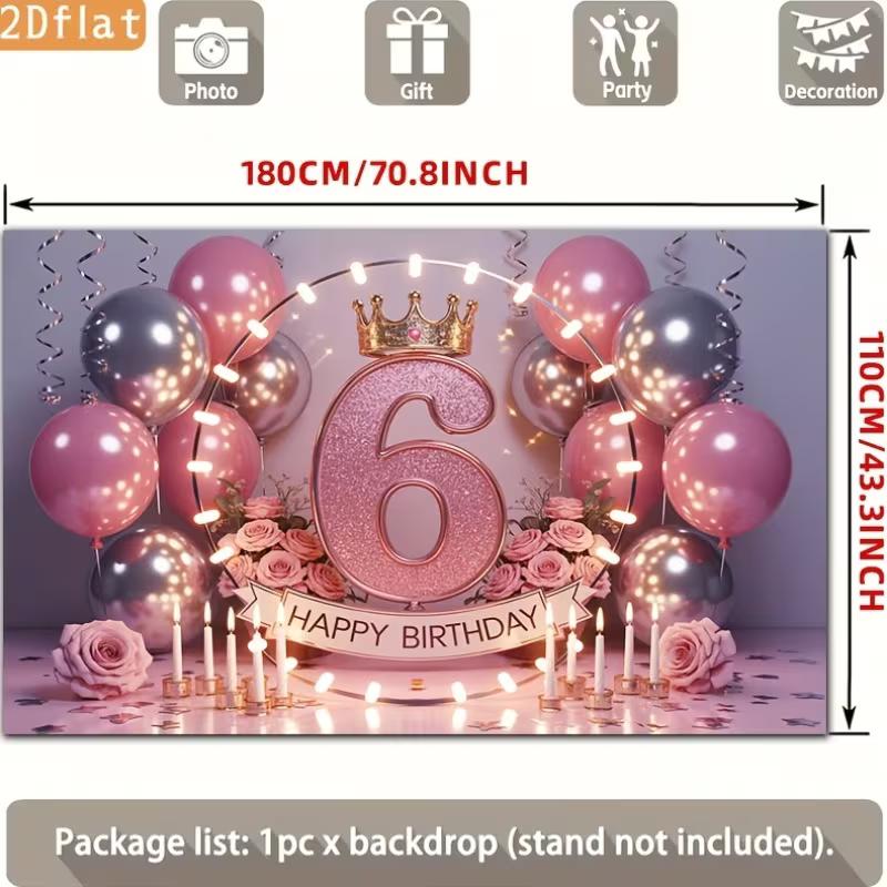 2D 6th Birthday Photography Backdrop, Pink and Silver Balloon with Light Ring Background