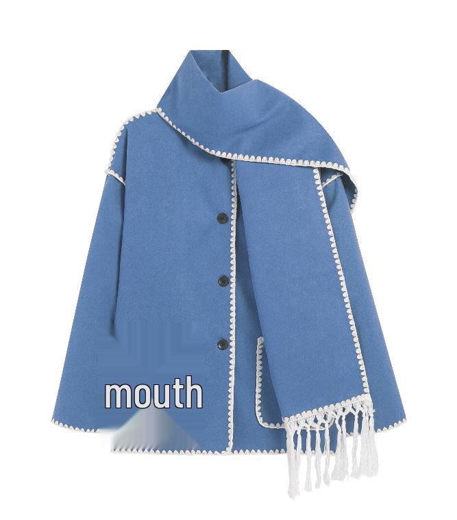 2023 Autumn/Winter European & American Fashion Women's Woolen Coat with Scarf Tassel