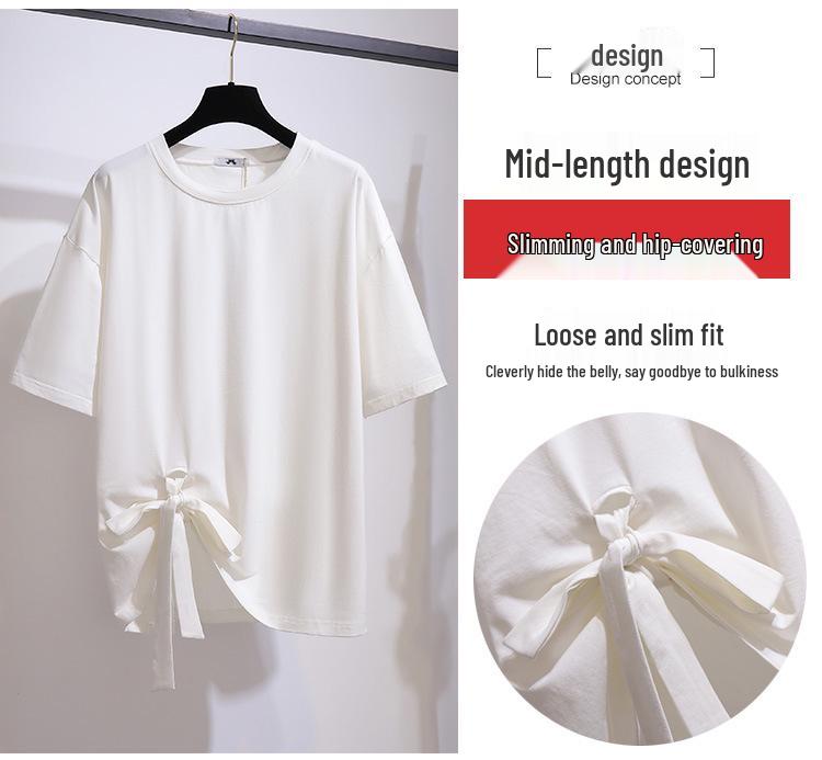 Plus Size Lace-Up Bow T-Shirt for Women - 2024 Summer Slimming Casual Top