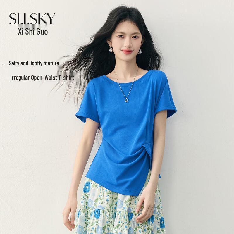 sllsky Women s Klein Blue Pleated Waist T-Shirt S