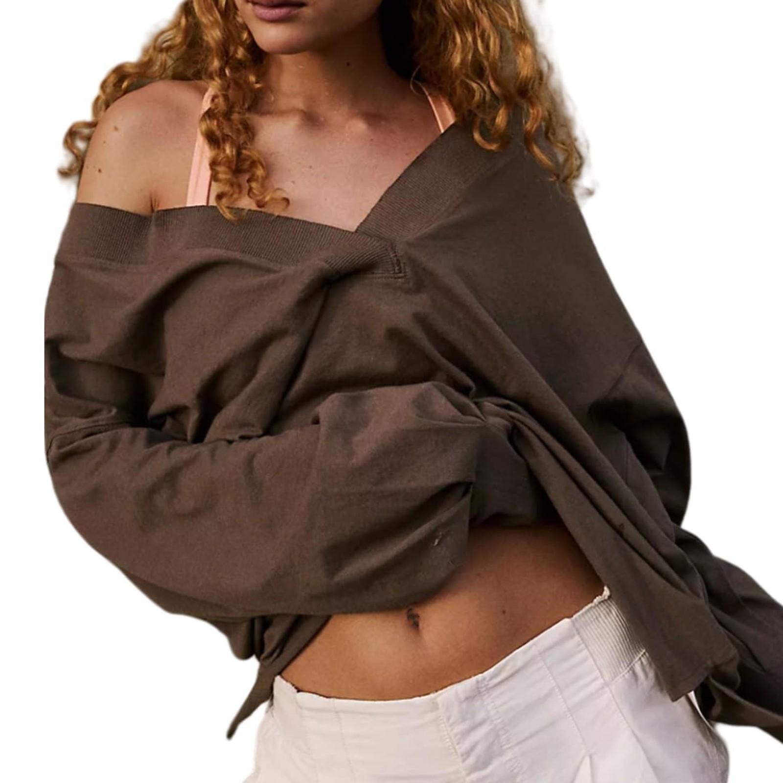 

Женские базовые футболки с длинными рукавами и изогнутым подолом, летние топы, облегающие футболки, одежда S коричневый