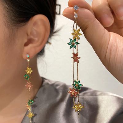 Blumenohrringe, lange Quaste, farbige Diamant-Set-High-End-Ohrringe, Weiblichkeit, einfache, frische, süße und übertriebene Ohrringe