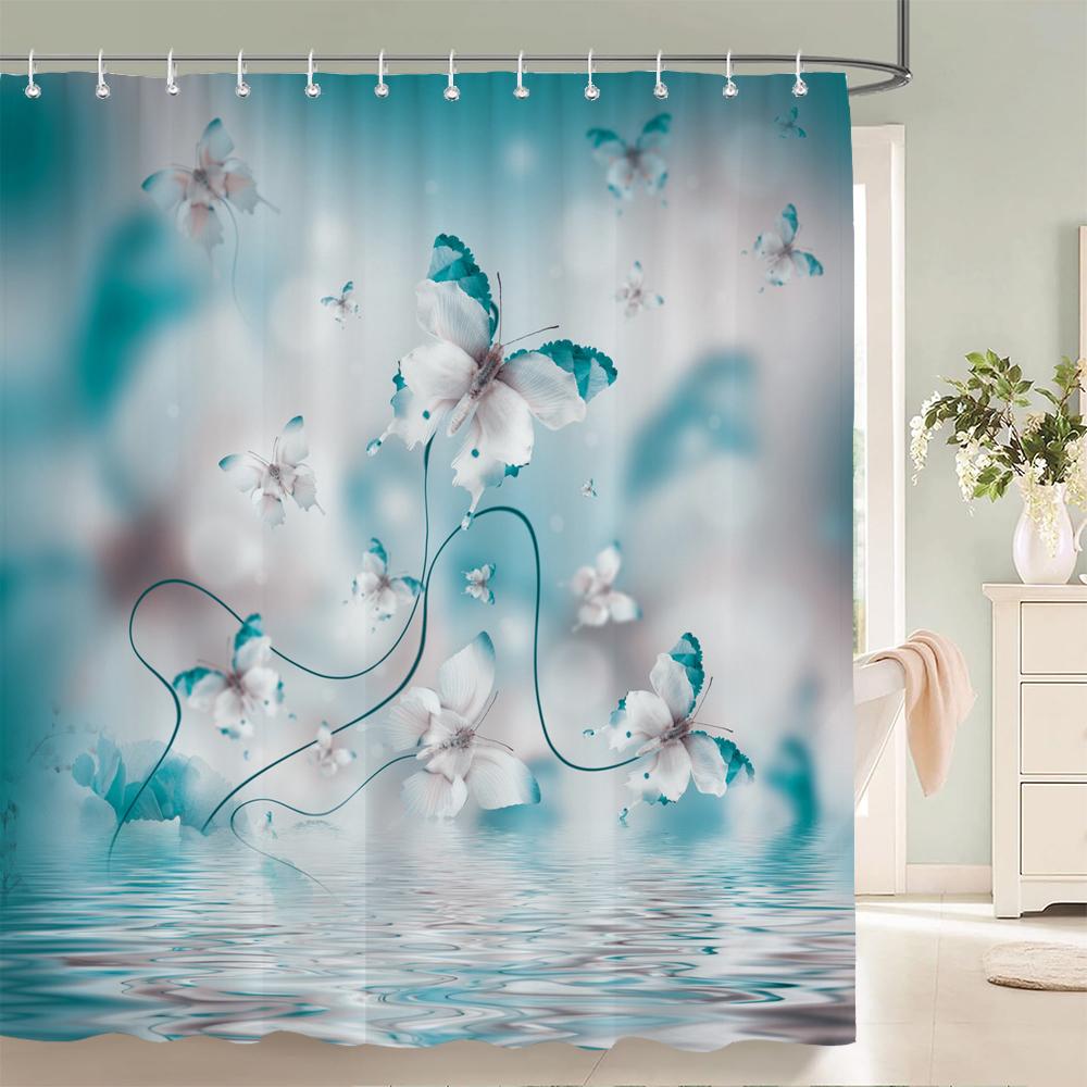 Colorful Flower Butterfly Fabric Shower Curtain Bathroom Curtains with Hooks Waterproof Printing Floral Bath Curtain Home Decor