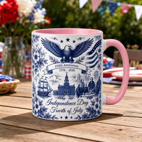 Yousheng USA 250th Anniversary Blue Mug, Patriotic Ceramic Coffee Cup with Eagle Flag Design, Independence Day Gift for Veterans Men Women