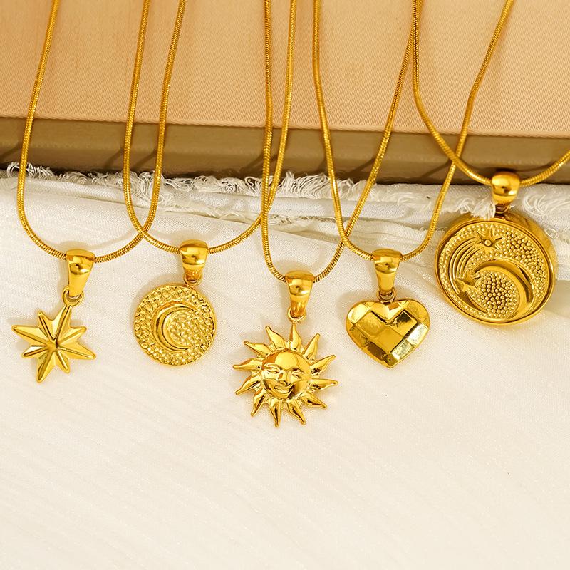Vintage Premium Smiley Face Sun Flower Moon Stainless Steel Gold Plated Necklace Female Spot