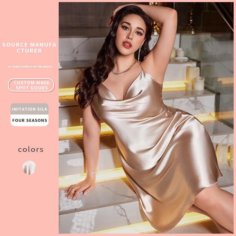 New Faux Silk Plus Size Camisole Nightgown - European & American Ice Silk Sexy Homewear Pajamas
