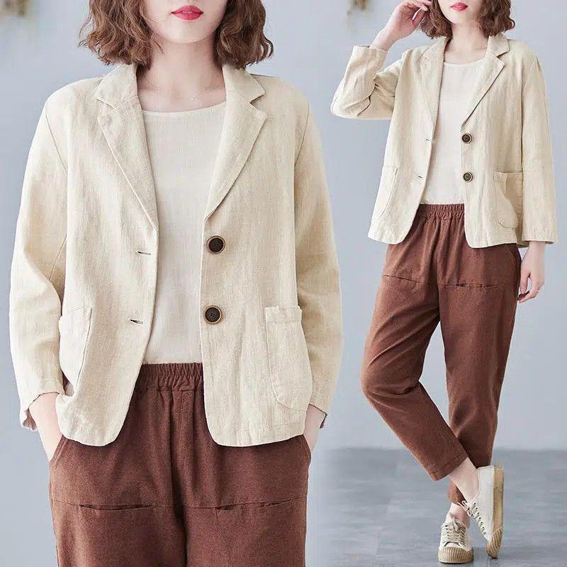 Women's 2024 Spring/Autumn Cotton-Linen Loose Casual Blazer - Plus Size, Long Sleeve, Short Jacket