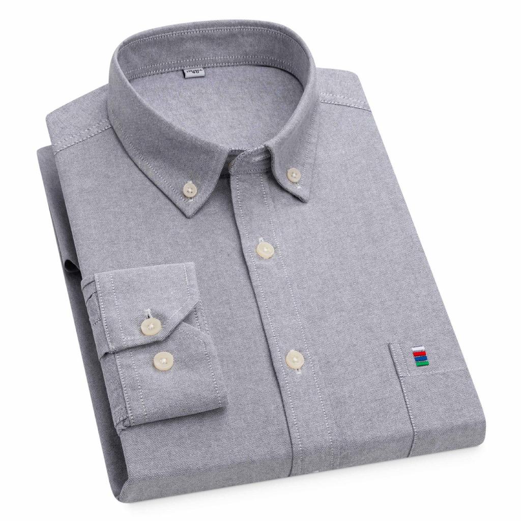 Men's Cotton Oxford Long Sleeve Shirt - Solid Color for Business Casual