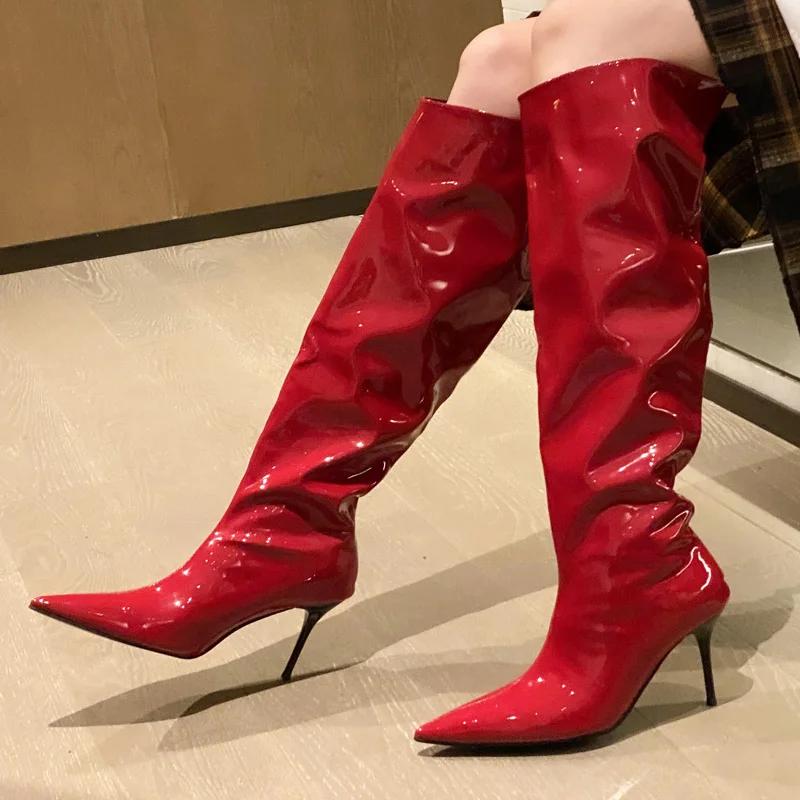 Fashion Eilyken Winter Patent Leather Thin High Heels Knee-High Boots Women Fashion Pointed Toe Wedding Party Pumps Shoes