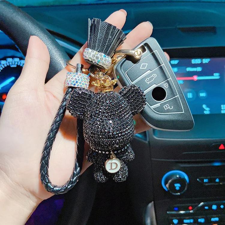 Car Studded Bear Key Chain Car Key Pendant Ladies Diamond Leather Rope Pendant Fashion Bag Pendant Online Celebrity Gift.