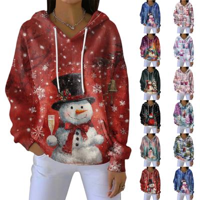 Damen Locker Bequem Lässig Mode V-Ausschnitt Weihnachts-Print Langarm Kapuzenpullover