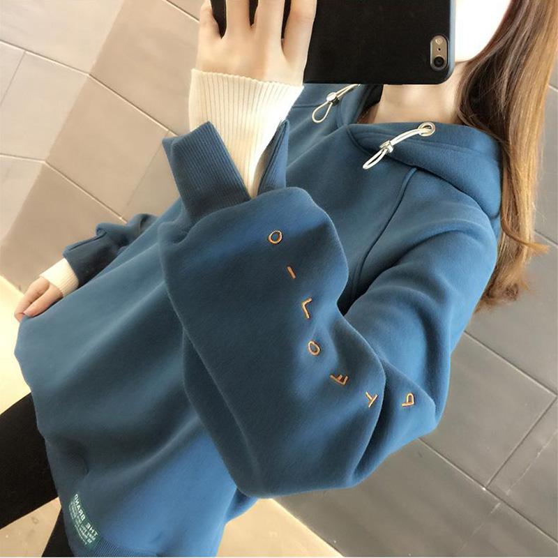 Cotton Sweatshirt Women Autumn Hooded Comfortable Thickened Fake Two Piece Top Solid Color Casual Versatile Sweatshirt