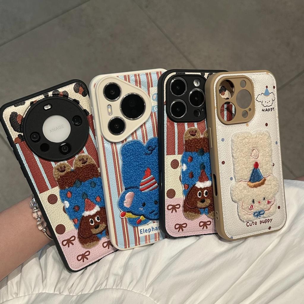 Autumn and winter three-dimensional embroidery lying down animals suitable for Apple 16/17Promax mobile phone case IP15Pro candy air cushion