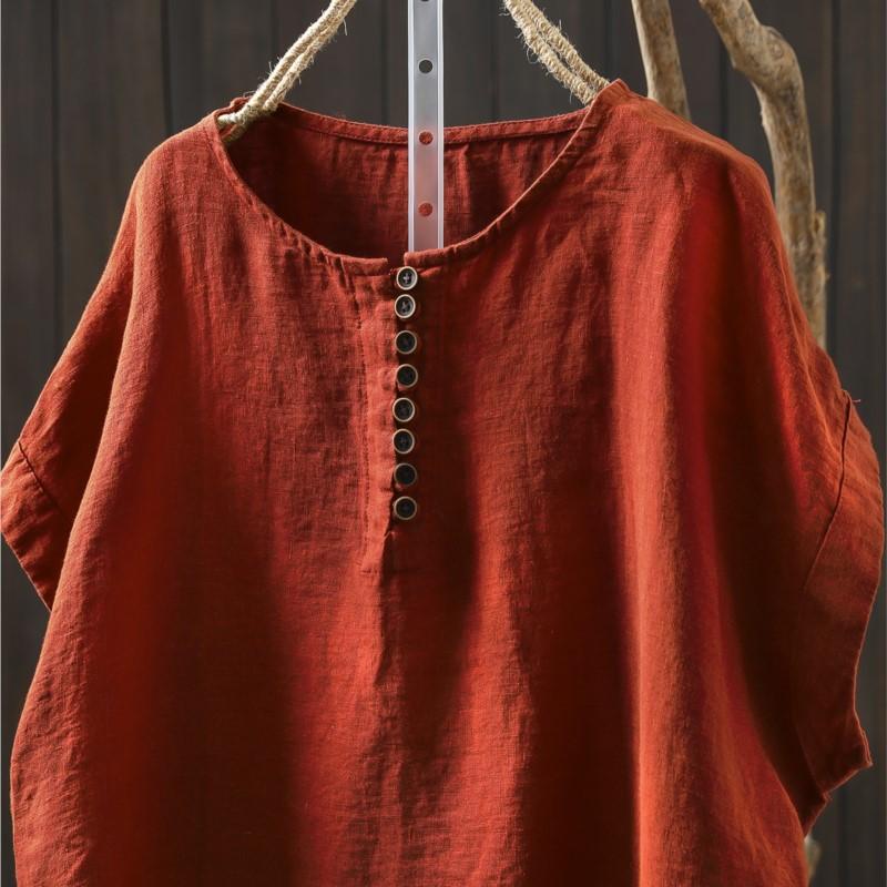 Johnature Women Vintage Button T-Shirts Solid Color O-Neck Sleeveless Summer Loose Button Female T-Shirts