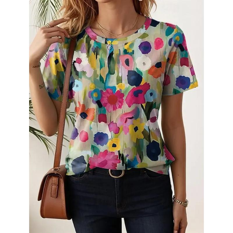 Flower Print Short Sleeve Fashion Versatile Top Comfortable T-Shirts Women’s
