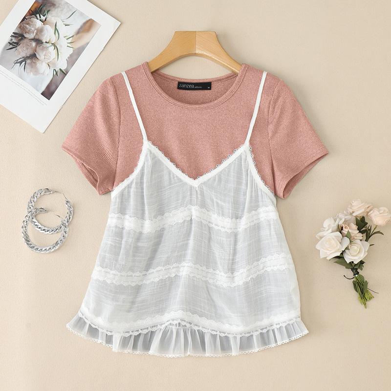 ZANZEA Women Summer Round Neck Patchwork Short Sleeve T-Shirts