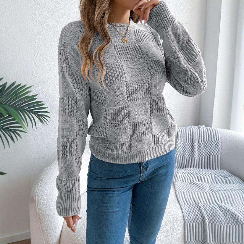 European American Style Solid Plaid Long Sleeve Pullover Sweater Women
