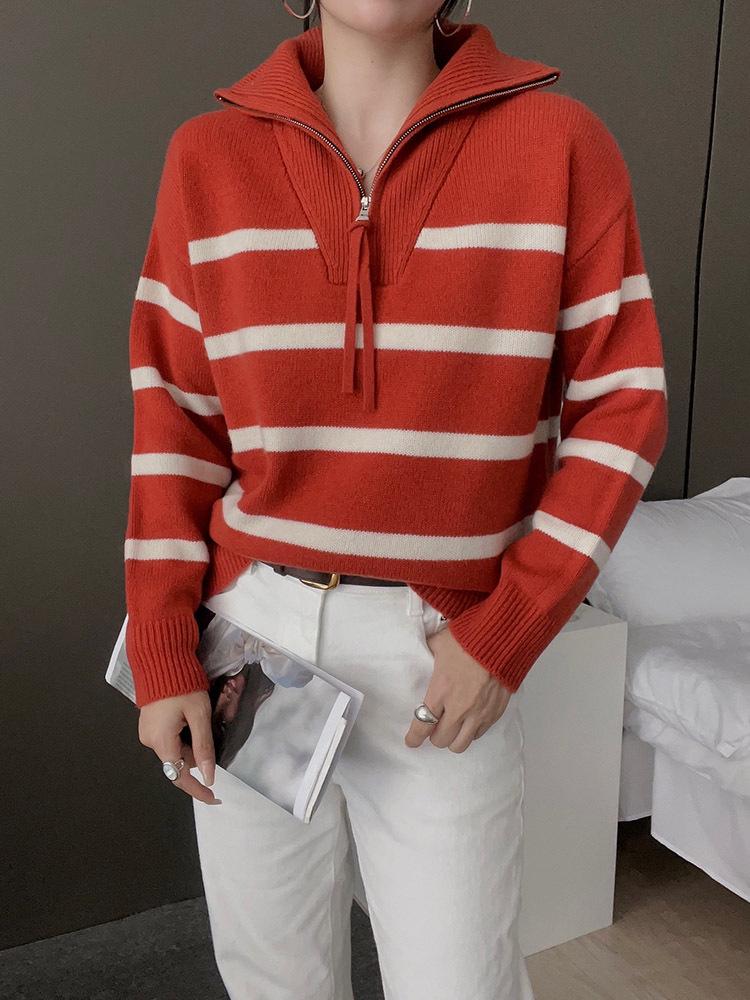 Korean Style Color Block Striped Cashmere Sweater with Half-Zip and Turn-Down Collar for Women