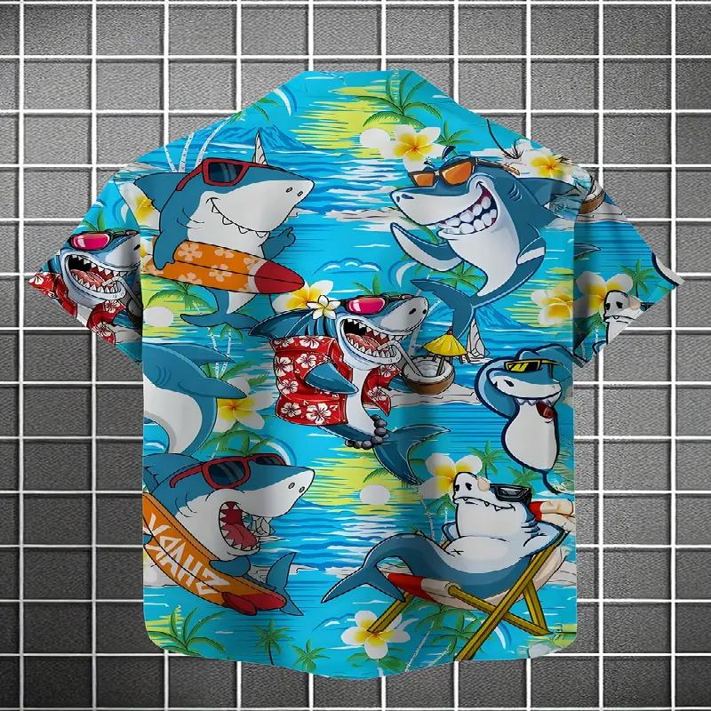 Men's Hawaiian Shirt 3D Shark Print Fashionable Short Sleeved V-neck Buckle Lining Casual Summer Top Polyester Fiber Regular Version