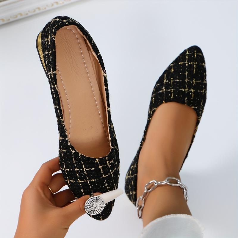 Damskie płaskie buty w kratę z tweedu na miękkiej podeszwie, Lekkie buty na słupku, Eleganckie buty do sukienki z czubkiem