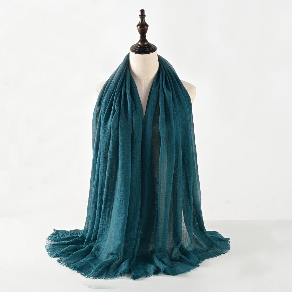 Crinkled Cotton-Linen Blend Scarf with Fringe - Solid Color, 90x180cm, Women's Headscarf