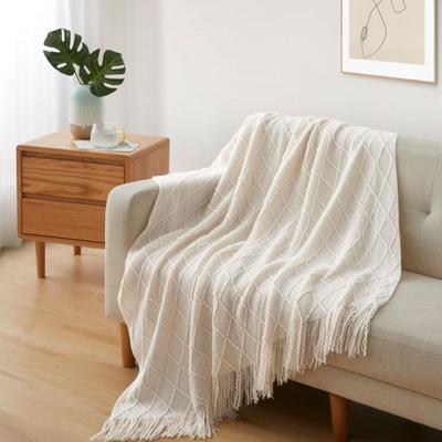 Cream White Boho Blankets Knitted Nordic Sofa Cover Blanket with Tassels Overzised Cozy Textured Farmhouse Vintage Gift Blankets