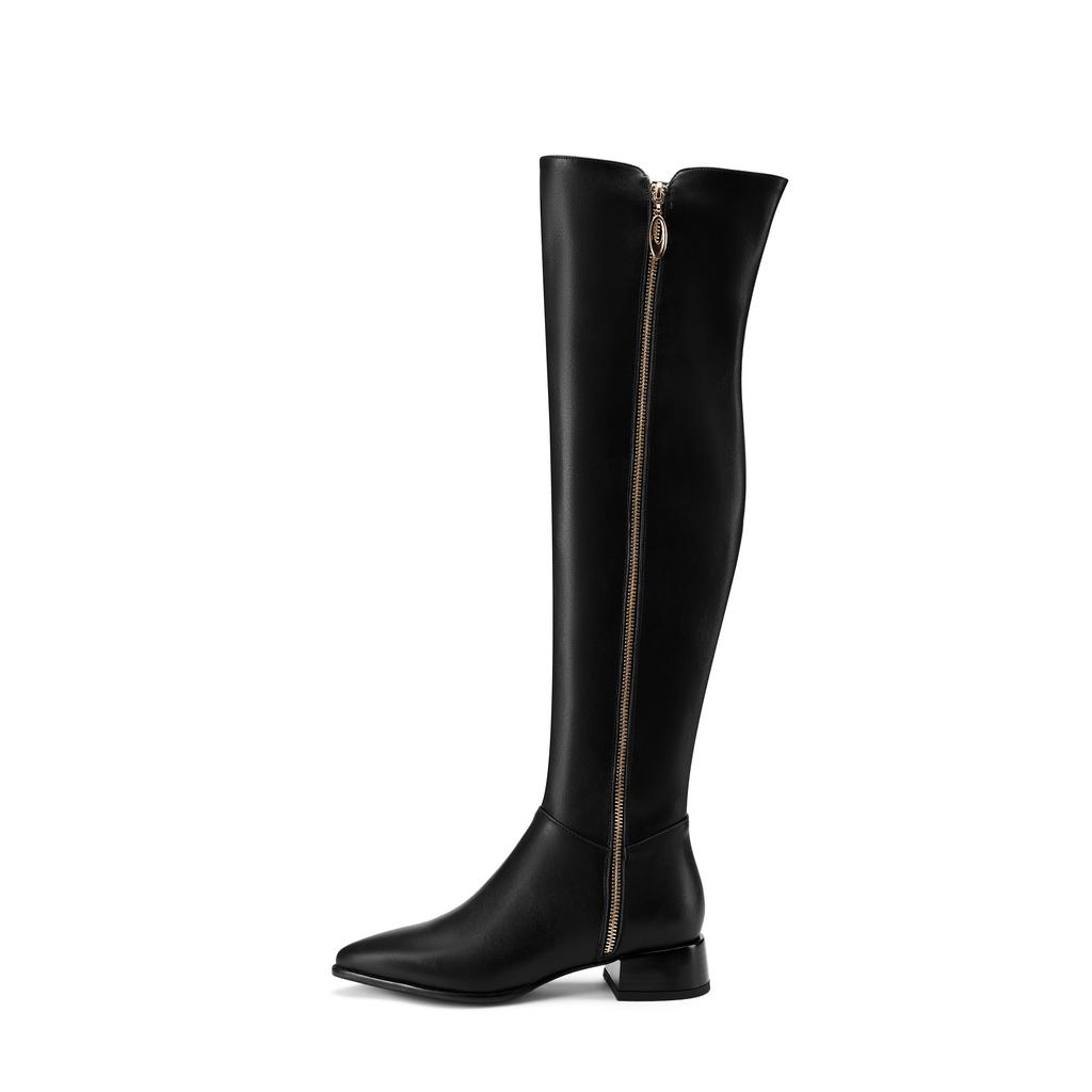 Krazing Pot Cow Skin Autumn Winter Shoes Thick Heels Plus Size 45 Size 44 Women Keep Warm Zipper Decorations Over-the-knee Boots