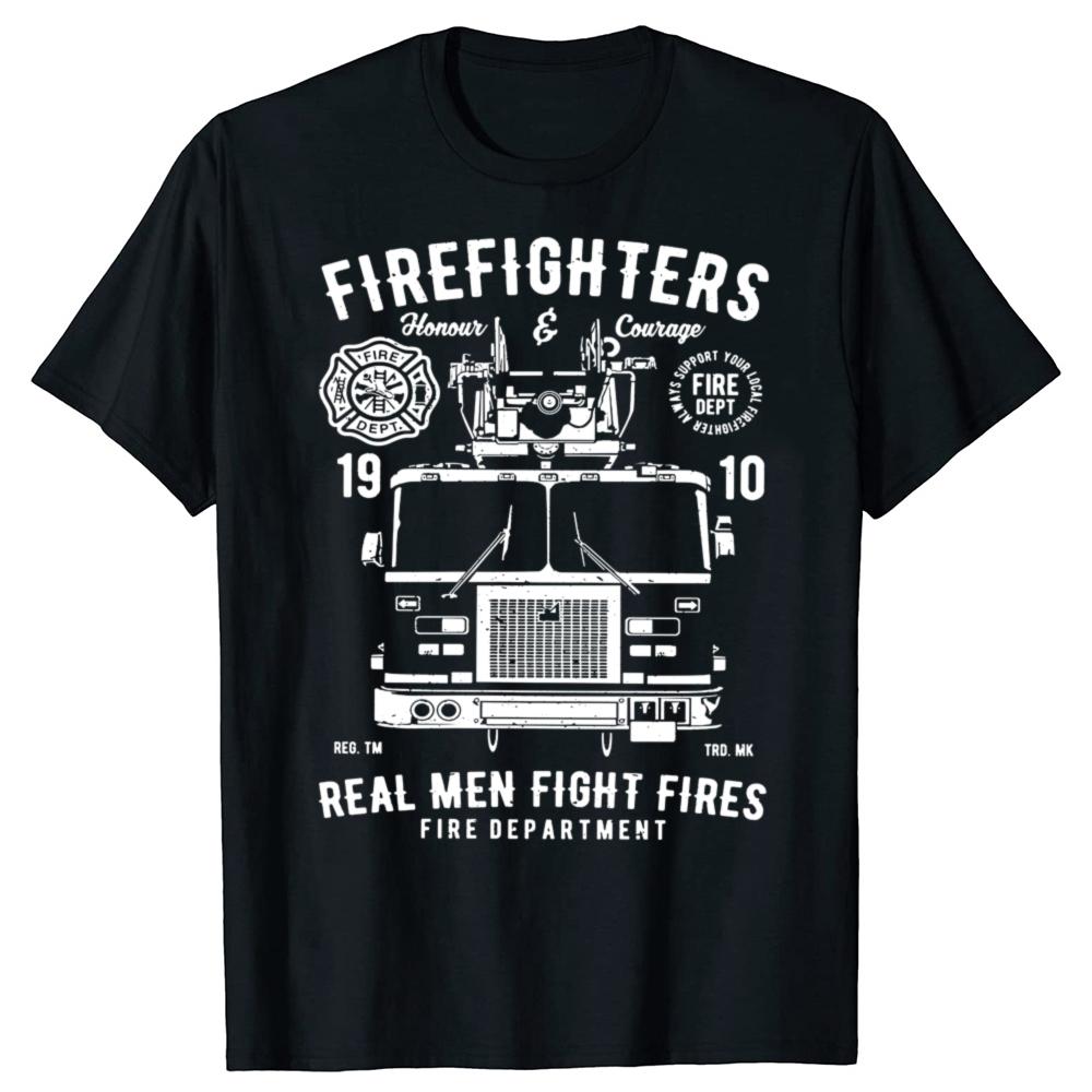 Funny Firefighters Fire Truck Fireman Graphic T Shirts Men Cotton Humor Streetwear Tee Shirt Short Sleeve Unisex Loose Clothing