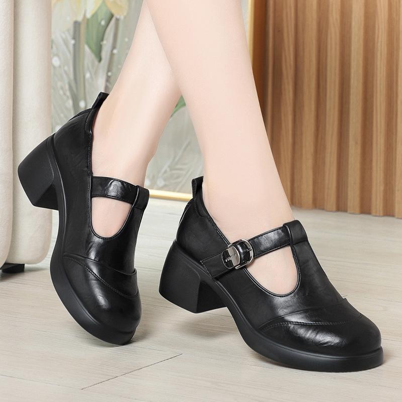 Retro-Lederschuhe Damen Frühling und Herbst Mary Jane Damenschuhe High Heels Einzelne Schuhe zu Röcken Dicke Absätze Bequeme T-Schuhe