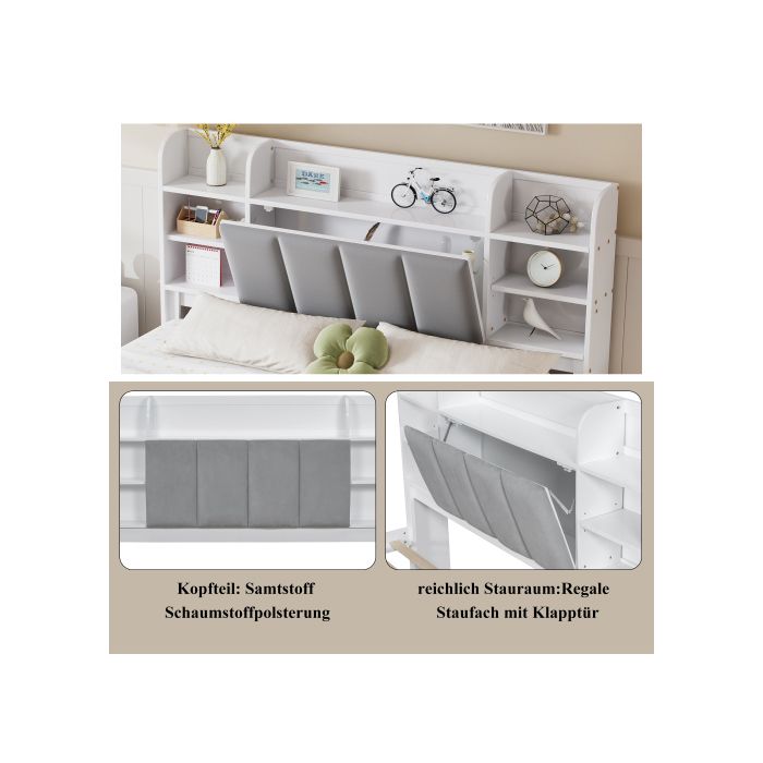 Lit double - MUVOE - 160x200 - Blanc + Gris - 3 tiroirs - Velours