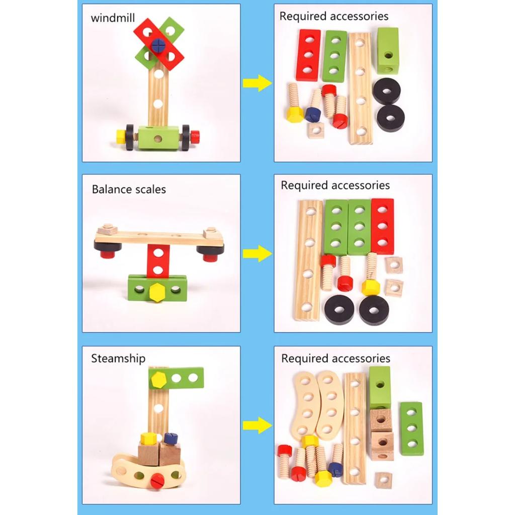 Giocattoli Educativi Montessori per Bambini Set Gioco di Ruolo Cassetta degli Attrezzi in Plastica e Legno Bambini Montaggio Dadi e Viti Strumento da Falegname di Simulazione