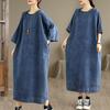 Vintage Niebieska Jeansowa Sukienka Maxi Rozmiar Plus Size Damska Luźna Casualowa Bawełniana Podstawowa Długa Sukienka
