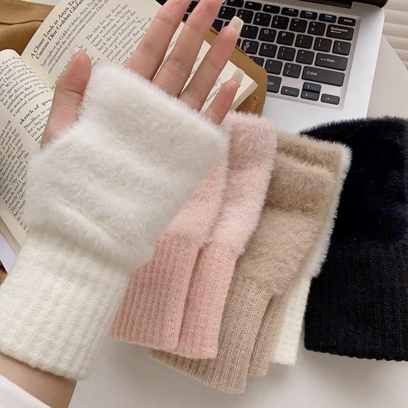 New Solid Color Winter Half Finger Gloves Women Girls Mink Fleece Plush Knitted Soft Finger-less Gloves Wrist Mittens Writing