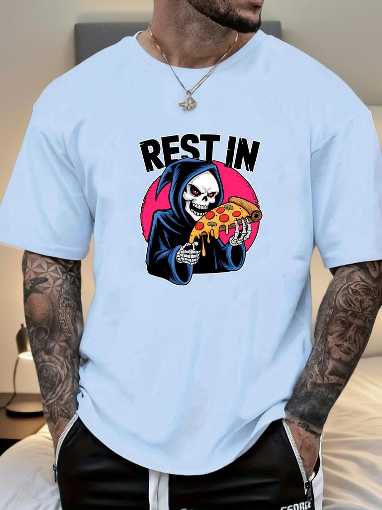 Mens Casual Tshirt Grim Reaper Pizza REST IN Print Short Sleeve Round Neck Breathable Oversized Daily Wear Tee
