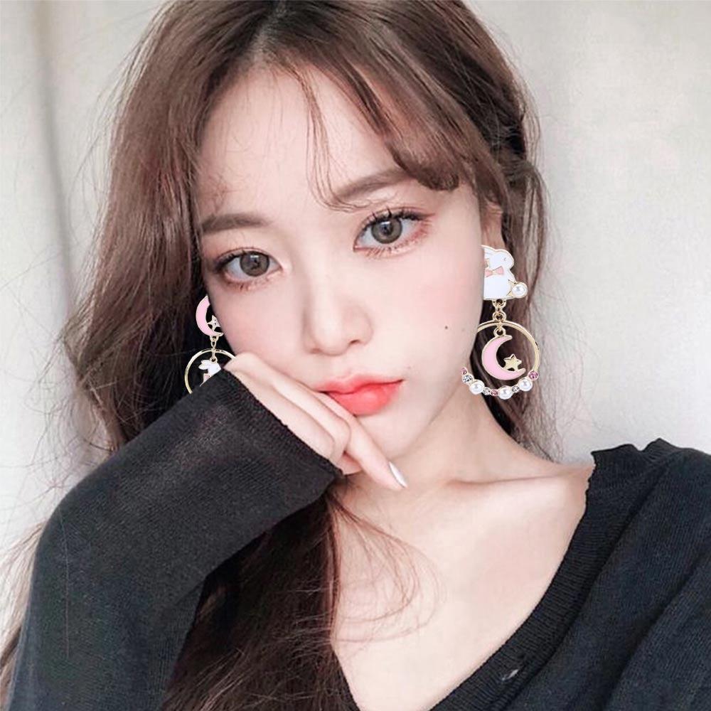 Personality Ins Pink Girl Moon Rabbit Drop Earrings Anti Allergy Enamel Asymmetric Earrings