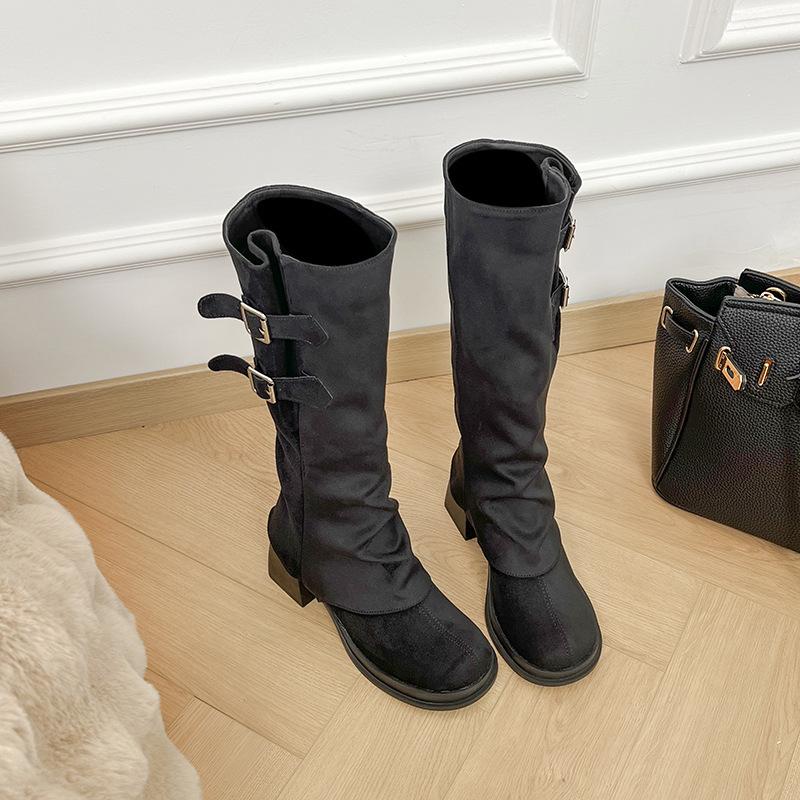 Retro round head versatile trousers boots thick sole thick heel high heel high tube stacking boots two wear short boots removable boots