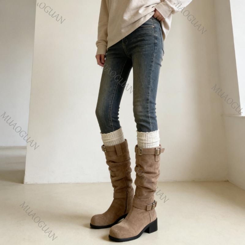 New Women Western Cowboy Boots Fashion Platform Footwears Thick Heel Slip On Folded Pile Long Booties Female Street Shoes